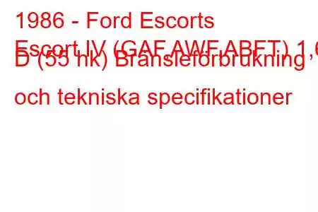 1986 - Ford Escorts
Escort IV (GAF,AWF,ABFT) 1,6 D (55 hk) Bränsleförbrukning och tekniska specifikationer