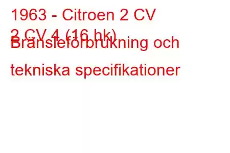 1963 - Citroen 2 CV
2 CV 4 (16 hk) Bränsleförbrukning och tekniska specifikationer