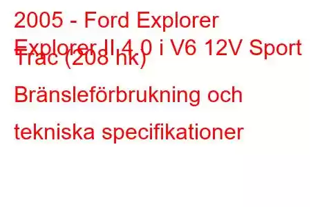 2005 - Ford Explorer
Explorer II 4.0 i V6 12V Sport Trac (208 hk) Bränsleförbrukning och tekniska specifikationer