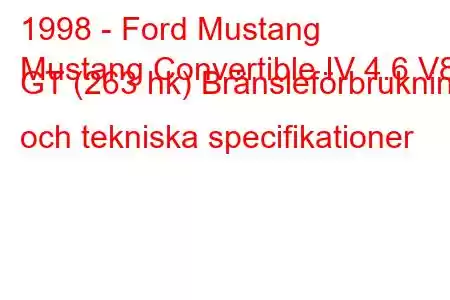 1998 - Ford Mustang
Mustang Convertible IV 4.6 V8 GT (263 hk) Bränsleförbrukning och tekniska specifikationer