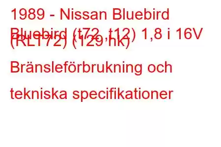 1989 - Nissan Bluebird
Bluebird (t72 ,t12) 1,8 i 16V (RLT72) (129 hk) Bränsleförbrukning och tekniska specifikationer