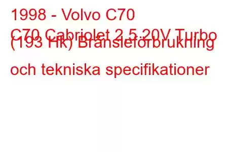 1998 - Volvo C70
C70 Cabriolet 2,5 20V Turbo (193 Hk) Bränsleförbrukning och tekniska specifikationer