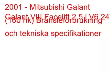 2001 - Mitsubishi Galant
Galant VIII Facelift 2.5 i V6 24V (160 hk) Bränsleförbrukning och tekniska specifikationer