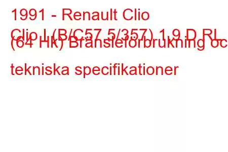 1991 - Renault Clio
Clio I (B/C57,5/357) 1,9 D RL (64 Hk) Bränsleförbrukning och tekniska specifikationer