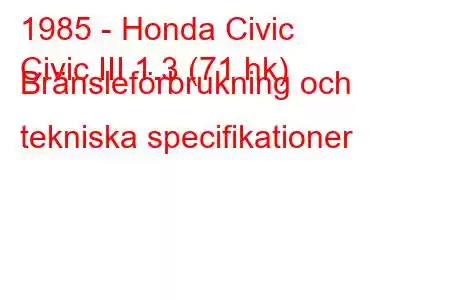 1985 - Honda Civic
Civic III 1.3 (71 hk) Bränsleförbrukning och tekniska specifikationer