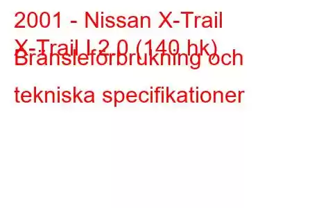 2001 - Nissan X-Trail
X-Trail I 2.0 (140 hk) Bränsleförbrukning och tekniska specifikationer