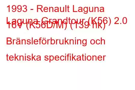 1993 - Renault Laguna
Laguna Grandtour (K56) 2.0 16V (K56D/M) (139 hk) Bränsleförbrukning och tekniska specifikationer