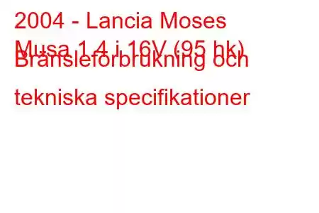 2004 - Lancia Moses
Musa 1.4 i 16V (95 hk) Bränsleförbrukning och tekniska specifikationer