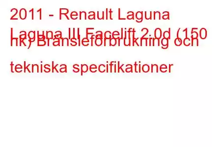 2011 - Renault Laguna
Laguna III Facelift 2.0d (150 hk) Bränsleförbrukning och tekniska specifikationer