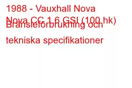 1988 - Vauxhall Nova
Nova CC 1.6 GSI (100 hk) Bränsleförbrukning och tekniska specifikationer