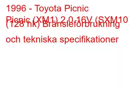 1996 - Toyota Picnic
Picnic (XM1) 2.0 16V (SXM10) (128 hk) Bränsleförbrukning och tekniska specifikationer