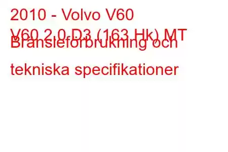 2010 - Volvo V60
V60 2.0 D3 (163 Hk) MT Bränsleförbrukning och tekniska specifikationer