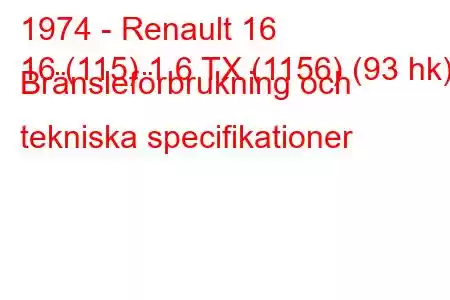 1974 - Renault 16
16 (115) 1,6 TX (1156) (93 hk) Bränsleförbrukning och tekniska specifikationer