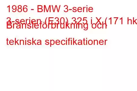 1986 - BMW 3-serie
3-serien (E30) 325 i X (171 hk) Bränsleförbrukning och tekniska specifikationer