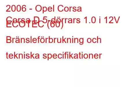 2006 - Opel Corsa
Corsa D 5-dörrars 1.0 i 12V ECOTEC (60) Bränsleförbrukning och tekniska specifikationer