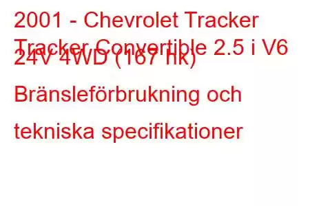 2001 - Chevrolet Tracker
Tracker Convertible 2.5 i V6 24V 4WD (167 hk) Bränsleförbrukning och tekniska specifikationer