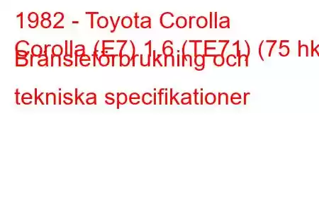 1982 - Toyota Corolla
Corolla (E7) 1.6 (TE71) (75 hk) Bränsleförbrukning och tekniska specifikationer