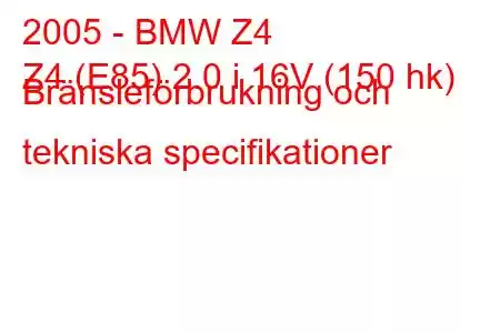 2005 - BMW Z4
Z4 (E85) 2.0 i 16V (150 hk) Bränsleförbrukning och tekniska specifikationer