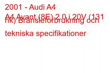 2001 - Audi A4
A4 Avant (8E) 2.0 i 20V (131 hk) Bränsleförbrukning och tekniska specifikationer