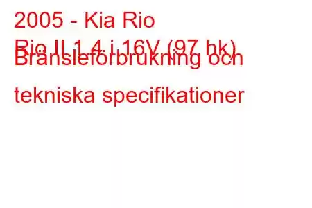 2005 - Kia Rio
Rio II 1.4 i 16V (97 hk) Bränsleförbrukning och tekniska specifikationer