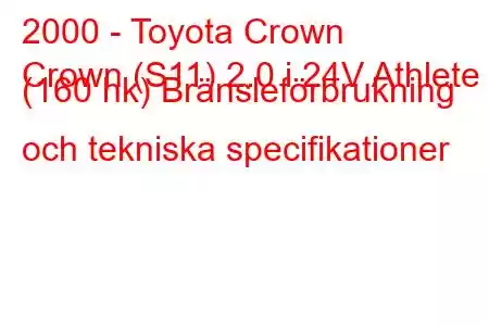 2000 - Toyota Crown
Crown (S11) 2.0 i 24V Athlete (160 hk) Bränsleförbrukning och tekniska specifikationer