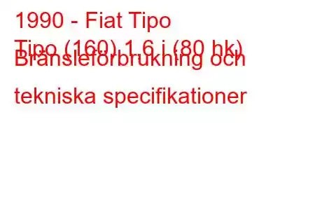 1990 - Fiat Tipo
Tipo (160) 1,6 i (80 hk) Bränsleförbrukning och tekniska specifikationer