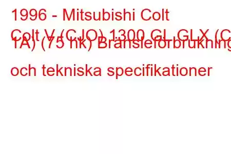 1996 - Mitsubishi Colt
Colt V (CJO) 1300 GL,GLX (CJ 1A) (75 hk) Bränsleförbrukning och tekniska specifikationer