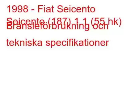 1998 - Fiat Seicento
Seicento (187) 1.1 (55 hk) Bränsleförbrukning och tekniska specifikationer