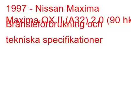 1997 - Nissan Maxima
Maxima QX II (A32) 2.0 (90 hk) Bränsleförbrukning och tekniska specifikationer