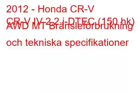 2012 - Honda CR-V
CR-V IV 2.2 i-DTEC (150 hk) AWD MT Bränsleförbrukning och tekniska specifikationer