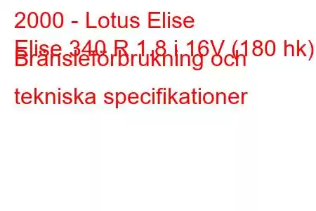 2000 - Lotus Elise
Elise 340 R 1.8 i 16V (180 hk) Bränsleförbrukning och tekniska specifikationer