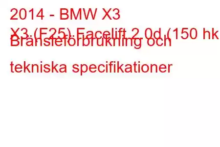 2014 - BMW X3
X3 (F25) Facelift 2.0d (150 hk) Bränsleförbrukning och tekniska specifikationer