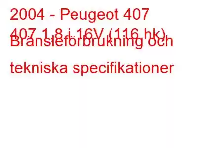 2004 - Peugeot 407
407 1,8 i 16V (116 hk) Bränsleförbrukning och tekniska specifikationer