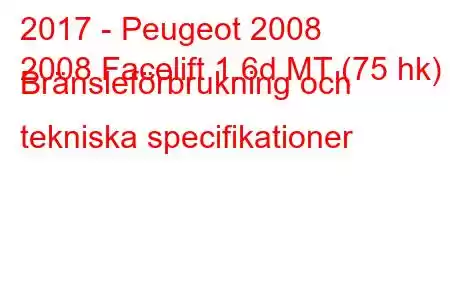 2017 - Peugeot 2008
2008 Facelift 1.6d MT (75 hk) Bränsleförbrukning och tekniska specifikationer