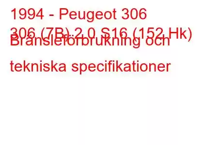 1994 - Peugeot 306
306 (7B) 2.0 S16 (152 Hk) Bränsleförbrukning och tekniska specifikationer