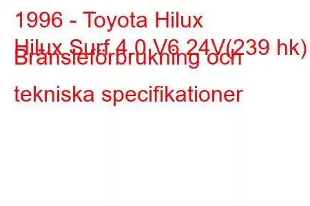 1996 - Toyota Hilux
Hilux Surf 4.0 V6 24V(239 hk) Bränsleförbrukning och tekniska specifikationer