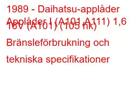 1989 - Daihatsu-applåder
Applåder I (A101,A111) 1,6 16V (A101) (105 hk) Bränsleförbrukning och tekniska specifikationer