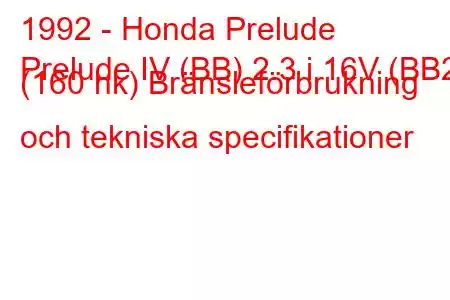 1992 - Honda Prelude
Prelude IV (BB) 2.3 i 16V (BB2) (160 hk) Bränsleförbrukning och tekniska specifikationer