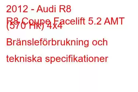 2012 - Audi R8
R8 Coupe Facelift 5.2 AMT (570 Hk) 4x4 Bränsleförbrukning och tekniska specifikationer