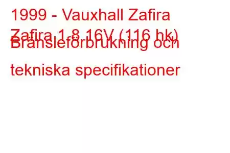 1999 - Vauxhall Zafira
Zafira 1.8 16V (116 hk) Bränsleförbrukning och tekniska specifikationer