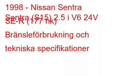 1998 - Nissan Sentra
Sentra (S15) 2.5 i V6 24V SE-R (177 hk) Bränsleförbrukning och tekniska specifikationer