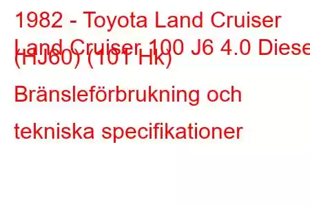 1982 - Toyota Land Cruiser
Land Cruiser 100 J6 4.0 Diesel (HJ60) (101 Hk) Bränsleförbrukning och tekniska specifikationer