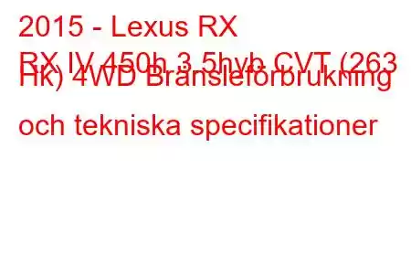 2015 - Lexus RX
RX IV 450h 3.5hyb CVT (263 Hk) 4WD Bränsleförbrukning och tekniska specifikationer