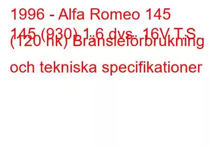 1996 - Alfa Romeo 145
145 (930) 1,6 dvs. 16V T.S. (120 hk) Bränsleförbrukning och tekniska specifikationer