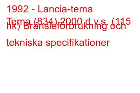 1992 - Lancia-tema
Tema (834) 2000 d.v.s. (115 hk) Bränsleförbrukning och tekniska specifikationer