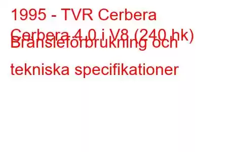 1995 - TVR Cerbera
Cerbera 4.0 i V8 (240 hk) Bränsleförbrukning och tekniska specifikationer