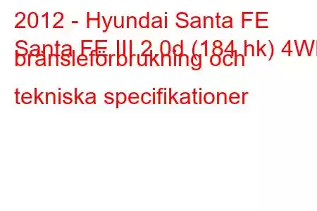 2012 - Hyundai Santa FE
Santa FE III 2.0d (184 hk) 4WD bränsleförbrukning och tekniska specifikationer