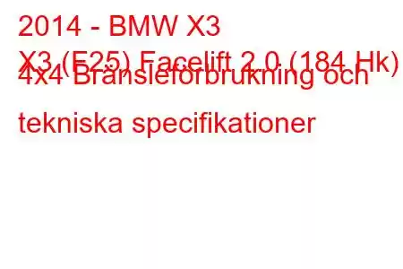 2014 - BMW X3
X3 (F25) Facelift 2.0 (184 Hk) 4x4 Bränsleförbrukning och tekniska specifikationer