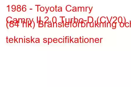 1986 - Toyota Camry
Camry II 2.0 Turbo-D (CV20) (84 hk) Bränsleförbrukning och tekniska specifikationer