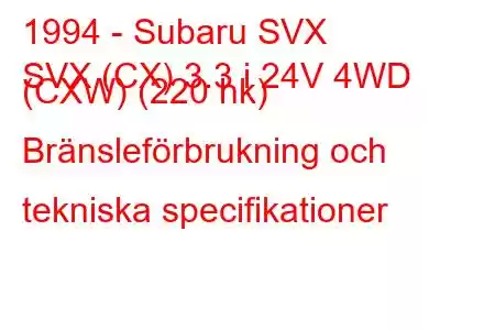 1994 - Subaru SVX
SVX (CX) 3.3 i 24V 4WD (CXW) (220 hk) Bränsleförbrukning och tekniska specifikationer